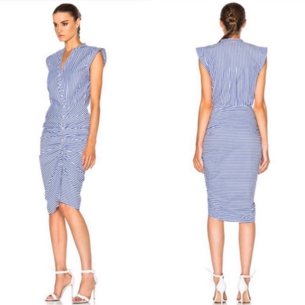 Veronica Beard Size 2 Blue & White Cotton Stripe Cap Sleeve Button Ruched Dress